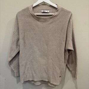 Hollister Ribbed Crewneck Sweater – Taupe Knit Pullover – XS